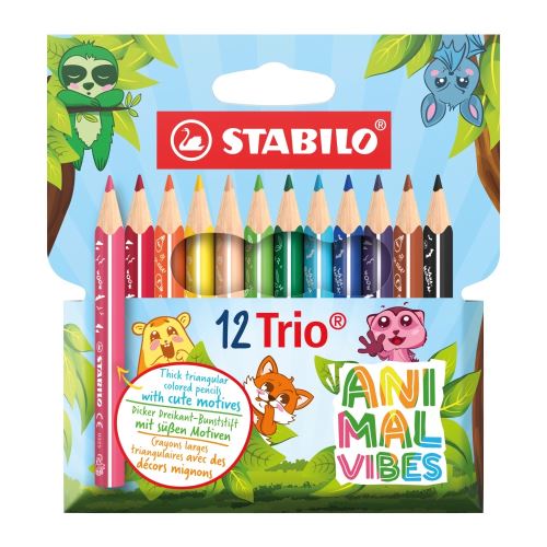 Pastelky trojhranné STABILO Trio, hrubá a krátka Sada Animal Vibes (12 ks)