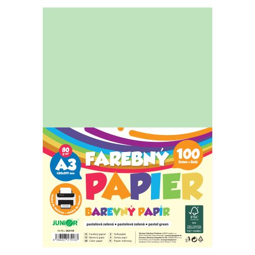Barevný papír A3 80 g/m2, balení po 100 ks – pastelově zelený
