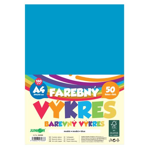 Barevný papír formátu A4, gramáž 180 g/m2, balení po 50 ks – modrý