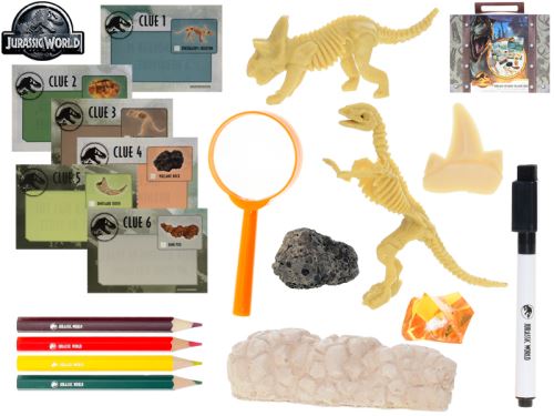 Jurský svět-kufřík průzkumníka s lupou, psacími potřebami a se sadou dinosauřích fosilií v