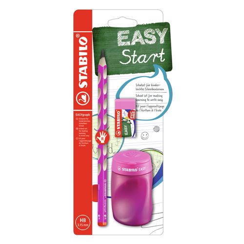 Školní set pro praváky - tužka STABILO EASYgraph v růžové barvě + guma a ořezávátko