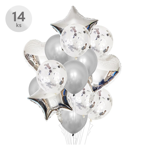 Balóny - Party, sada 14 ks, 10 ks / 30 cm, 4 ks / 45 cm, stříbrná