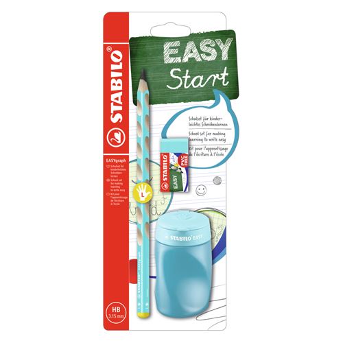 Školní set pro leváky - tužka STABILO EASYgraph v modré barvě + guma a ořezávátko