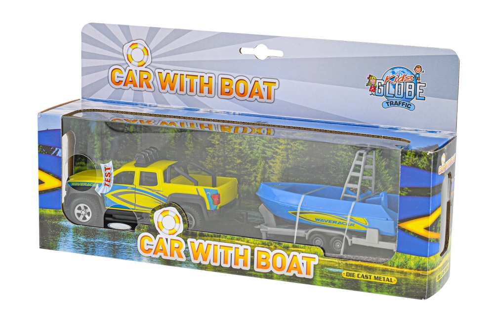  Kids Globe Traffic tahač s lodí kov 27cm zpětný chod na baterie se světlem a zvukem v krab