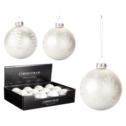 Vánoční koule skleněná 8 cm bílá, dekor s ornamenty /1ks