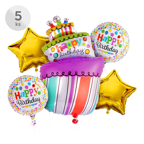 Balóny - Happy Birthday, sada 5 ks, 4 ks / 45 cm | 1 ks / 54x103 cm